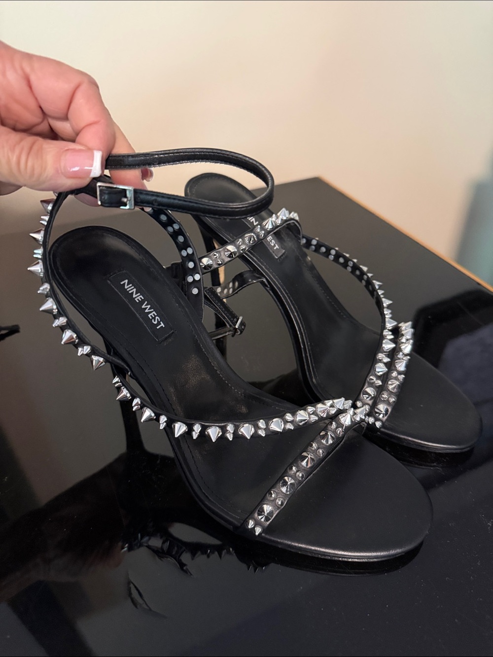 Nine West Black Spiked Ankle-Strap Heels